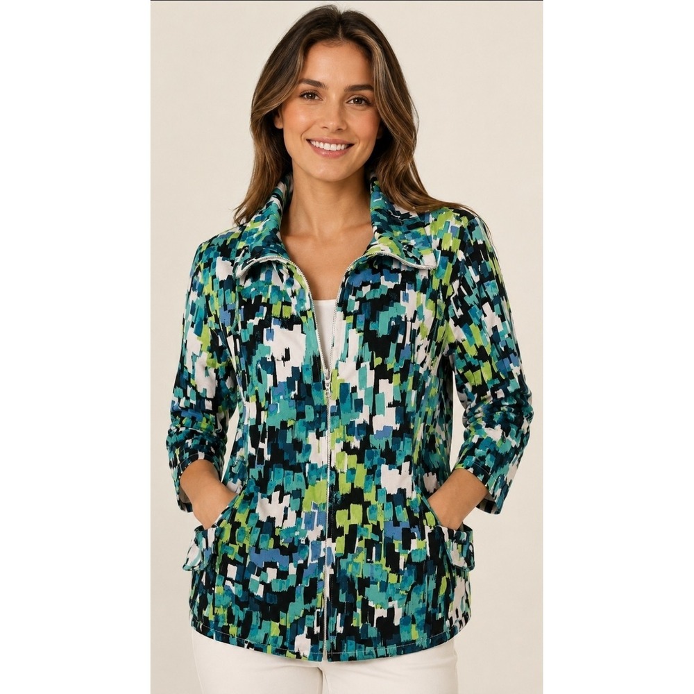 Toni Morgan Zipper Jacket Women LARGE Blue Green White Geometric 97% Cotton